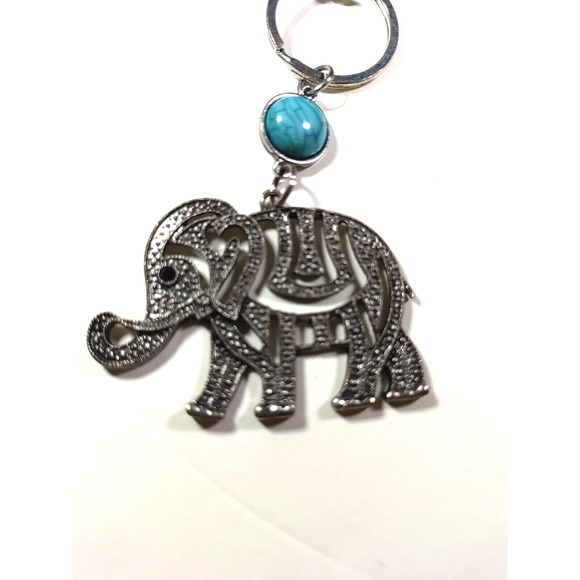 Elephant Keychain Cut Outs Blue Green Stone Silver Tone Purse Luggage Clip - Picture 4 of 8